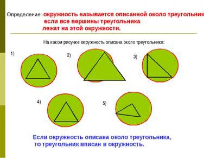 Construction of the inscribed and circumscribed circle presentation.  The circumscribed circle of a triangle.  The right formula for the radius of a circle